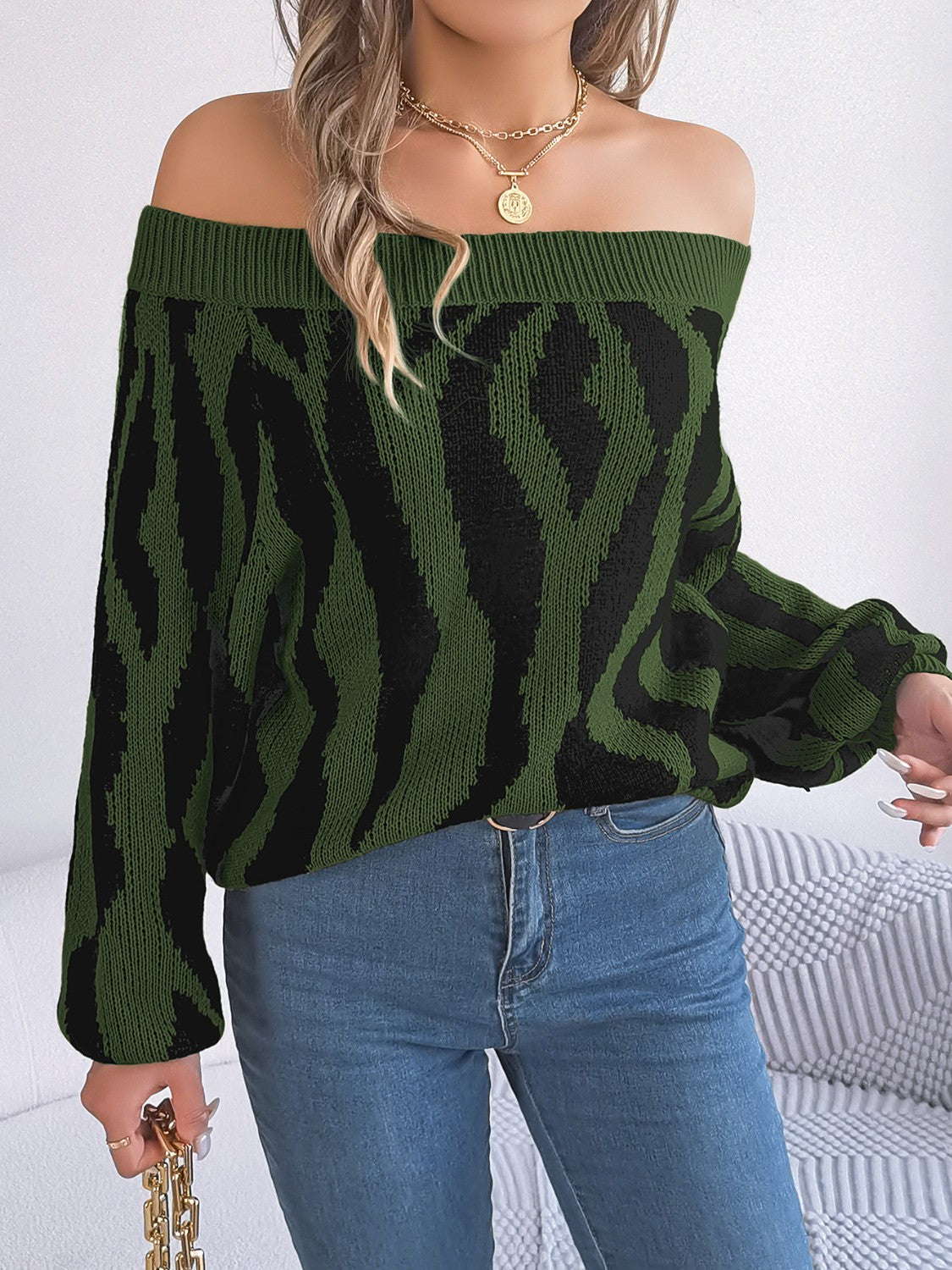 Off-Shoulder Animal Print Long Sleeve Sweater