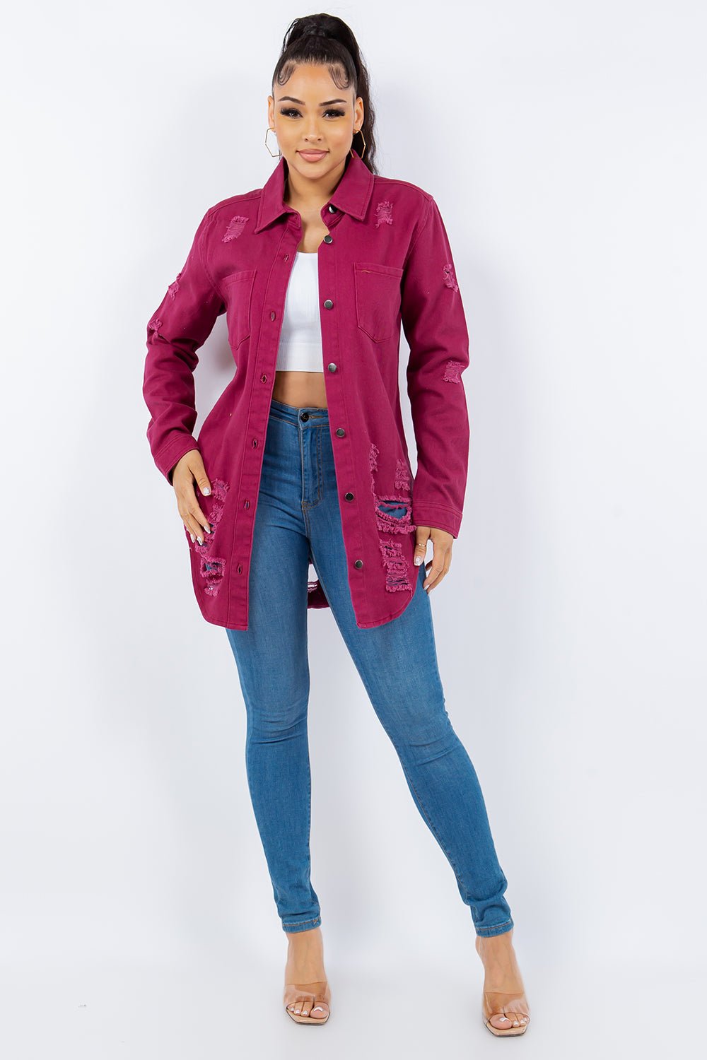 American Bazi Distressed Button Up Long Sleeve Denim Jacket - Do Shop It™