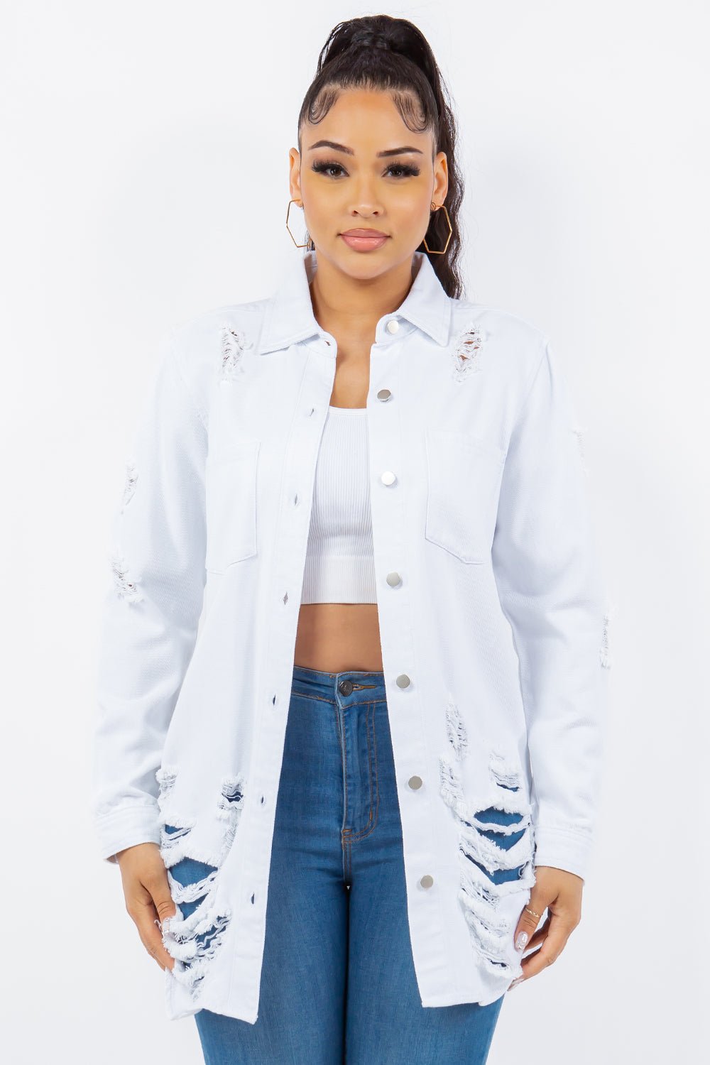 American Bazi Distressed Button Up Long Sleeve Denim Jacket - Do Shop It™