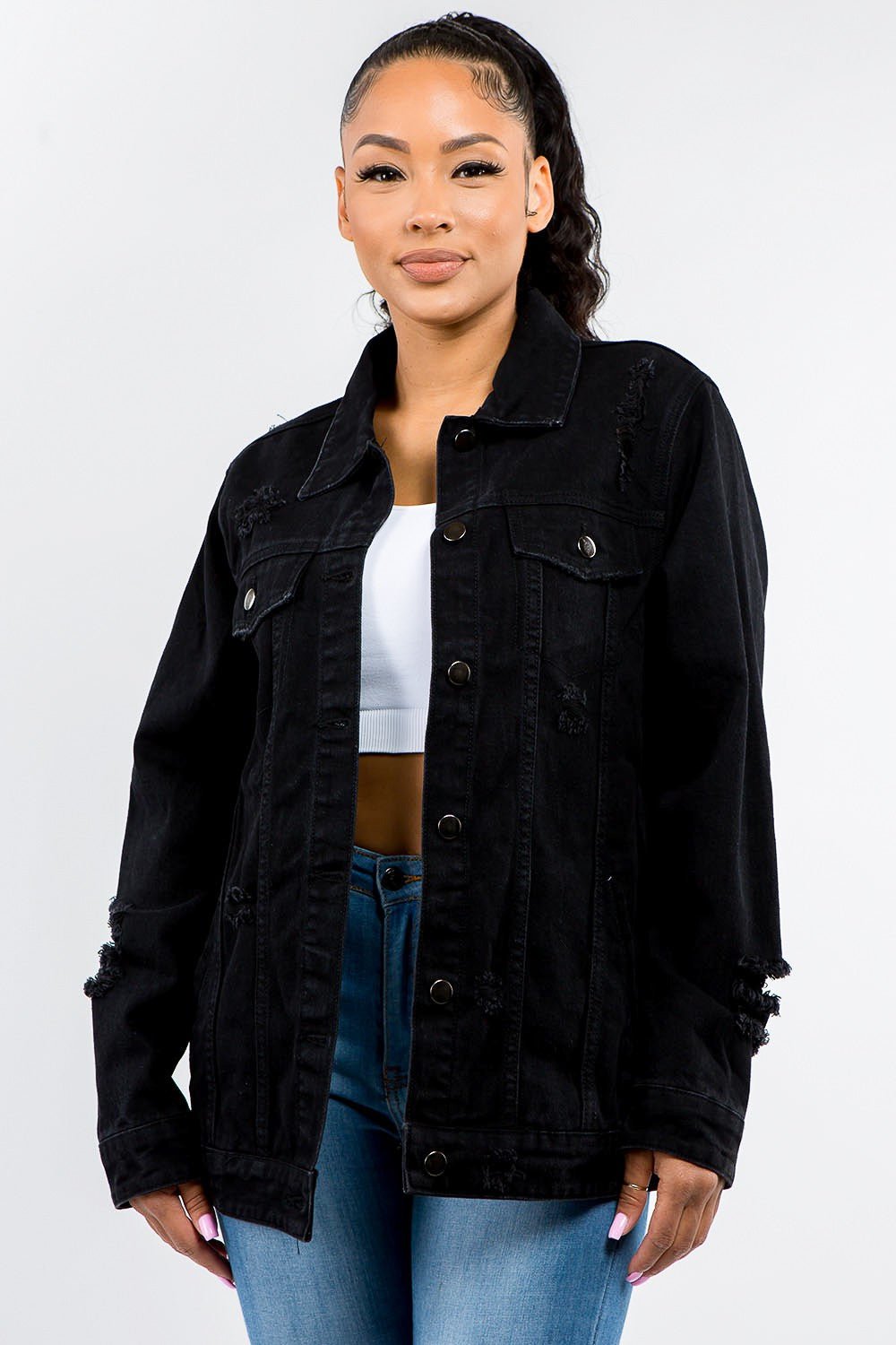 American Bazi Full Size Button Up Distressed Denim Jacket - Do Shop It™