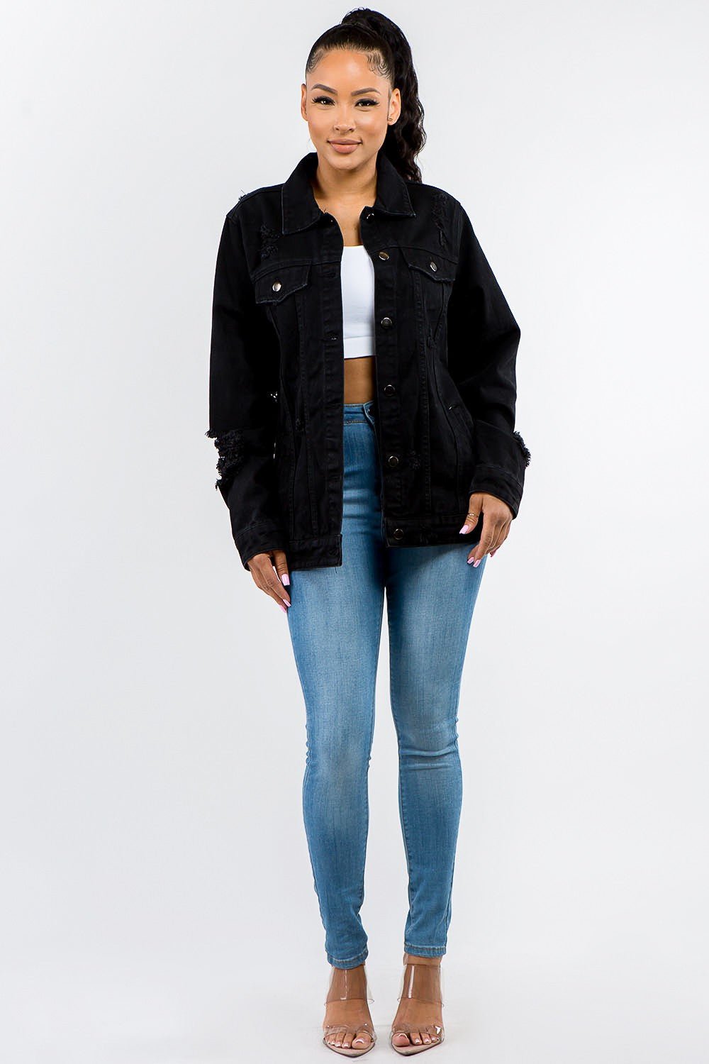 American Bazi Full Size Button Up Distressed Denim Jacket - Do Shop It™