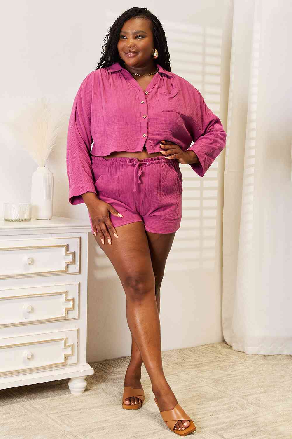 Basic Bae Buttoned Long Sleeve Top and Shorts Set - Do Shop It™