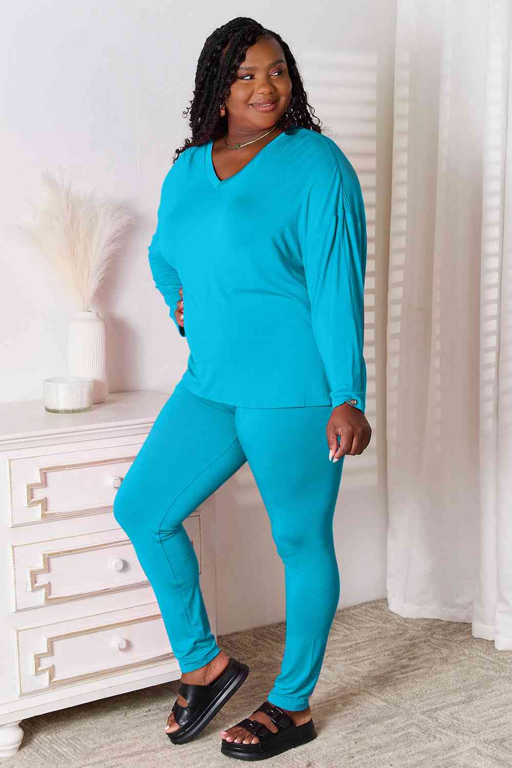 Basic Bae Full Size V - Neck Soft Rayon Long Sleeve Top and Pants Lounge Set - Do Shop It™