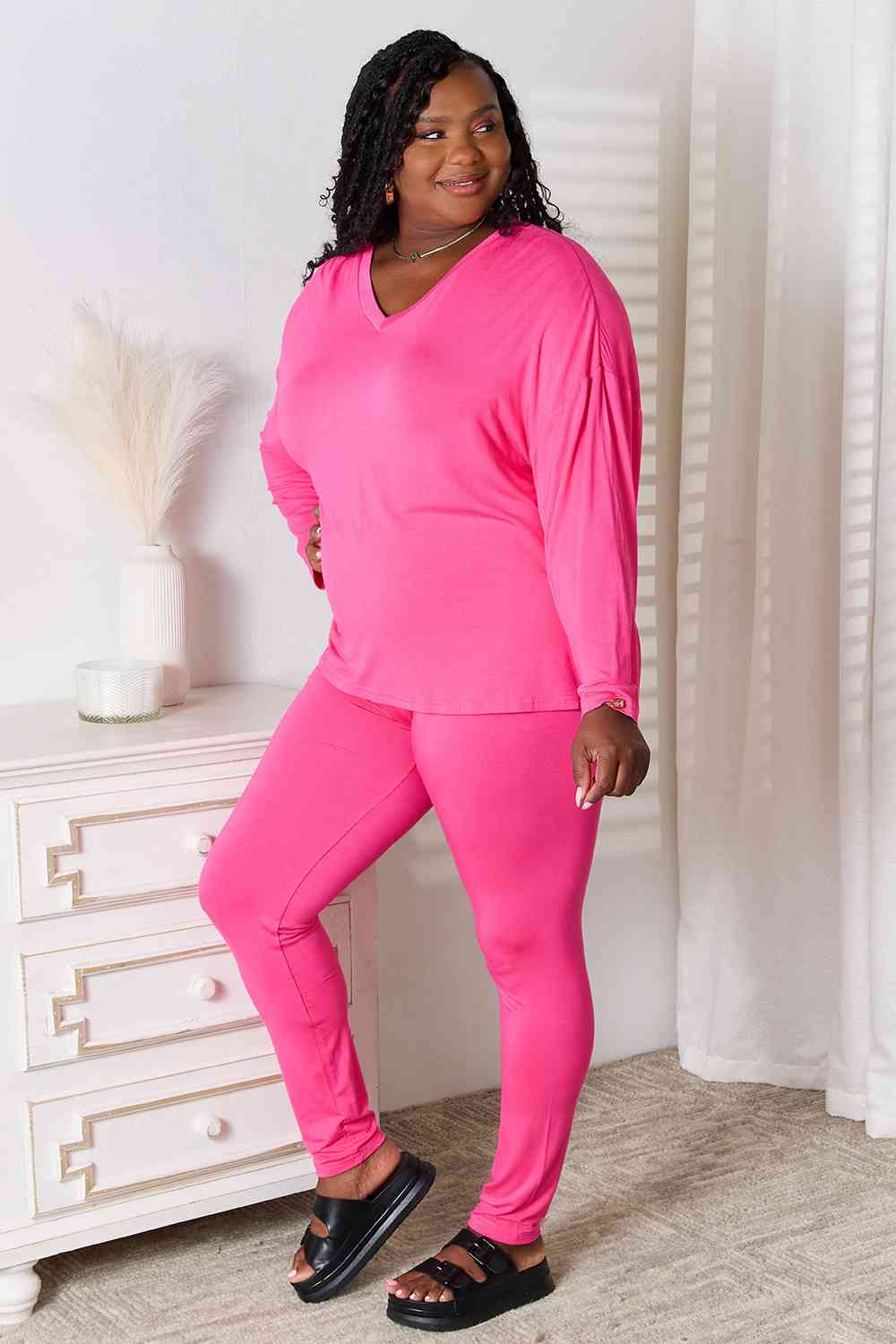 Basic Bae Full Size V - Neck Soft Rayon Long Sleeve Top and Pants Lounge Set - Do Shop It™