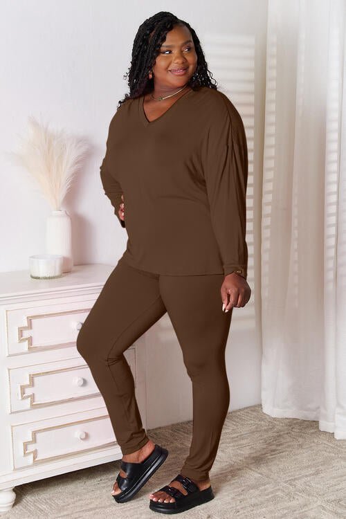 Basic Bae Full Size V - Neck Soft Rayon Long Sleeve Top and Pants Lounge Set - Do Shop It™