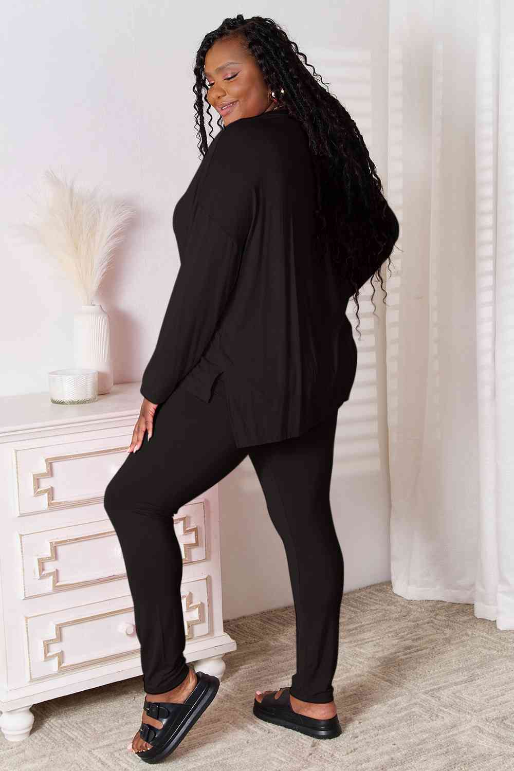 Basic Bae Full Size V - Neck Soft Rayon Long Sleeve Top and Pants Lounge Set - Do Shop It™