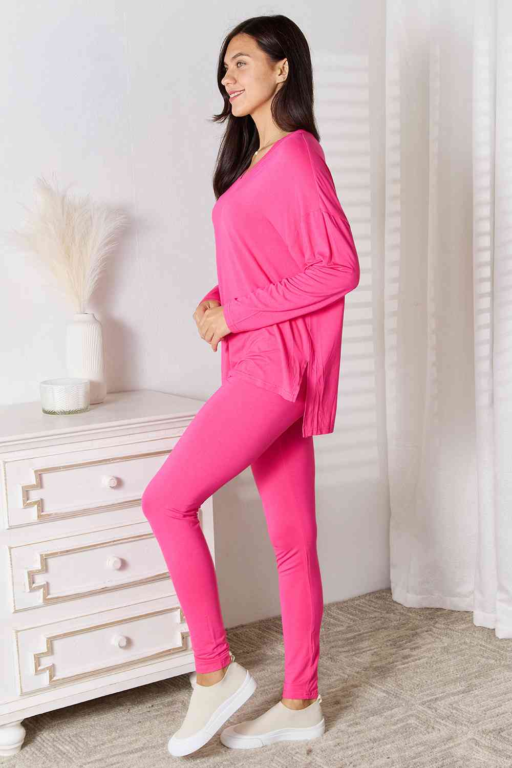 Basic Bae Full Size V - Neck Soft Rayon Long Sleeve Top and Pants Lounge Set - Do Shop It™