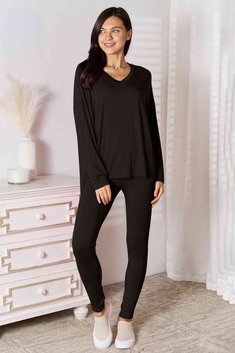 Basic Bae Full Size V - Neck Soft Rayon Long Sleeve Top and Pants Lounge Set - Do Shop It™