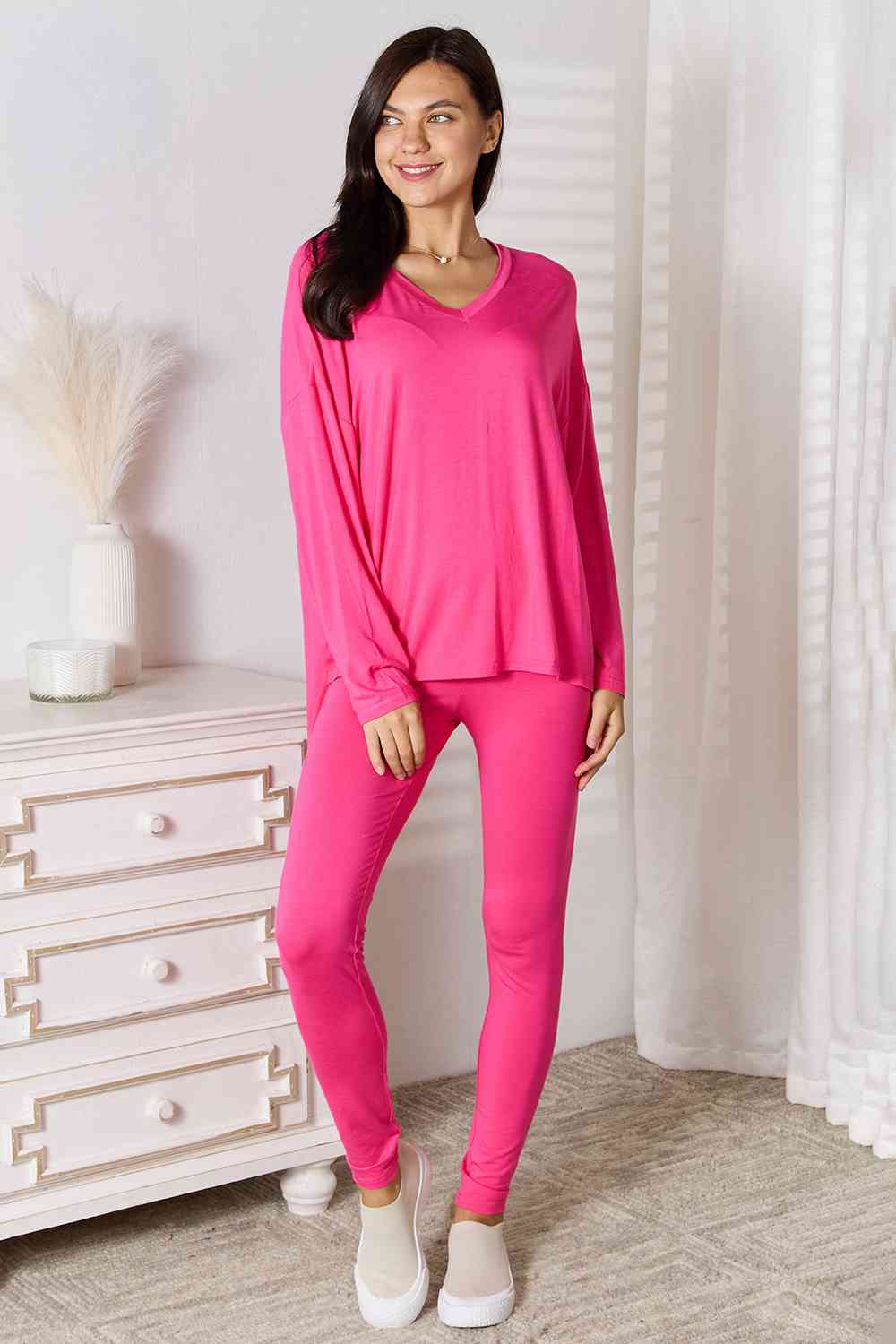 Basic Bae Full Size V - Neck Soft Rayon Long Sleeve Top and Pants Lounge Set - Do Shop It™