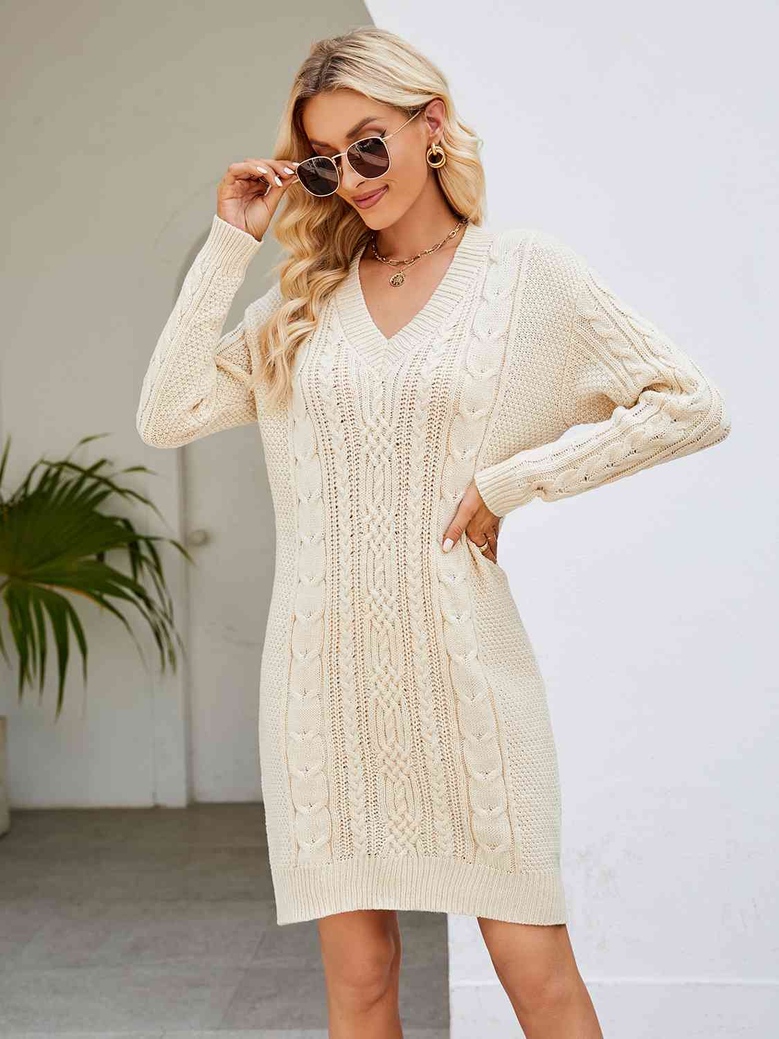 Cable - Knit V - Neck Mini Sweater Dress - Do Shop It™