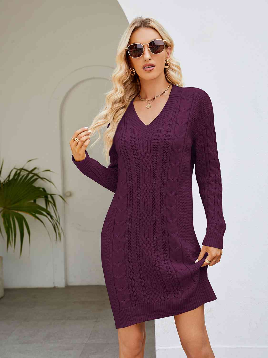 Cable - Knit V - Neck Mini Sweater Dress - Do Shop It™