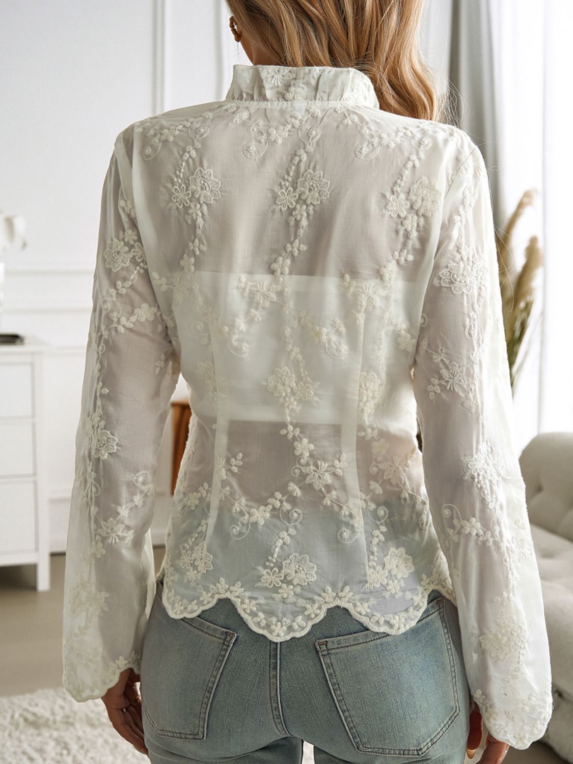 Devine Tied Frill V - Neck Long Sleeve Lace Top - Do Shop It™