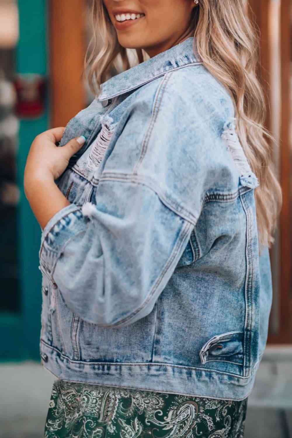 Distressed Drop Shoulder Denim Jacket - Do Shop It™