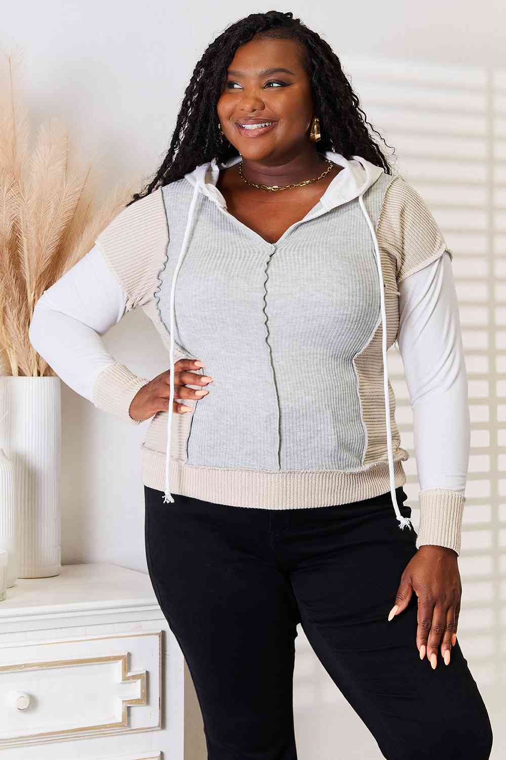 Double Take Color Block Exposed Seam Drawstring Hoodie - Do Shop It™