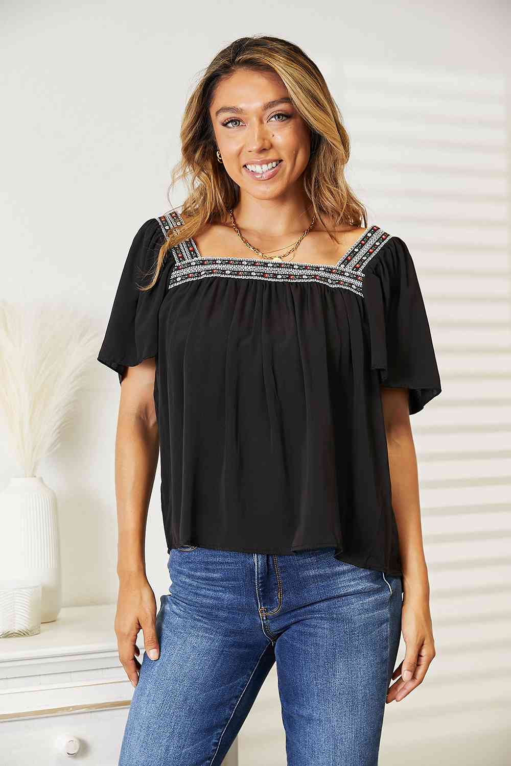 Double Take Contrast Square Neck Puff Sleeve Blouse - Do Shop It™