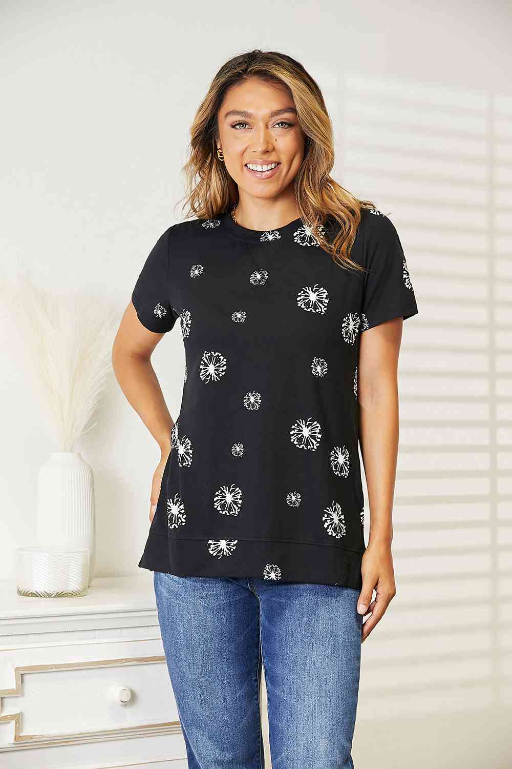 Double Take Dandelion Print Round Neck T-Shirt - Do Shop It™