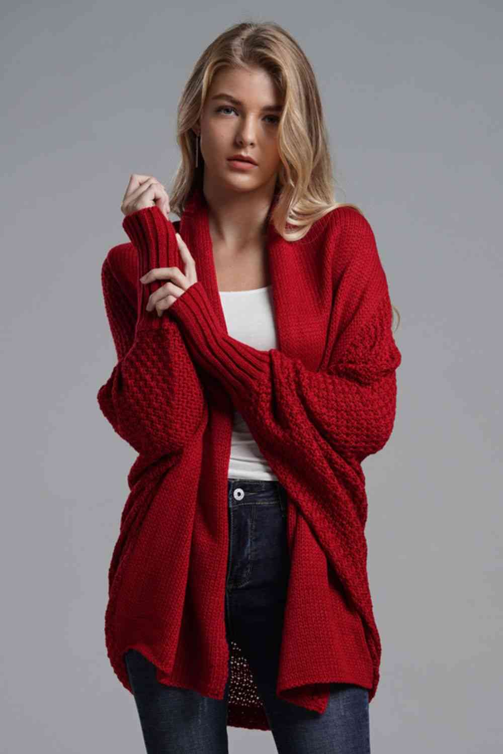 Double Take Dolman Sleeve Open Front Ribbed Trim Longline Cardigan - Do Shop It™