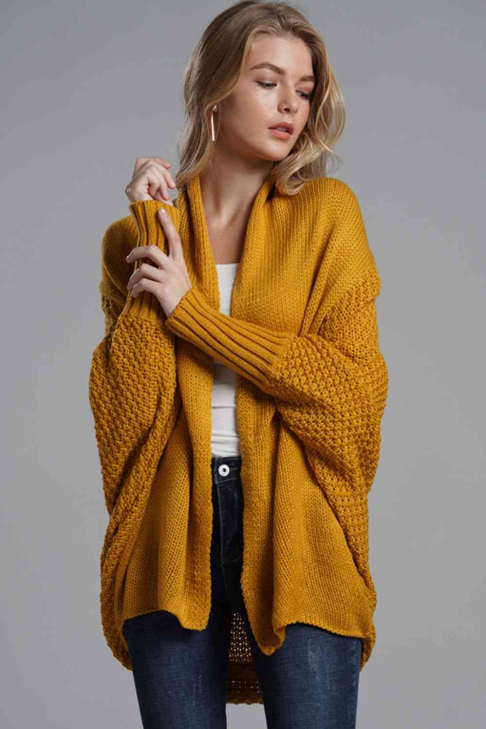 Double Take Dolman Sleeve Open Front Ribbed Trim Longline Cardigan - Do Shop It™