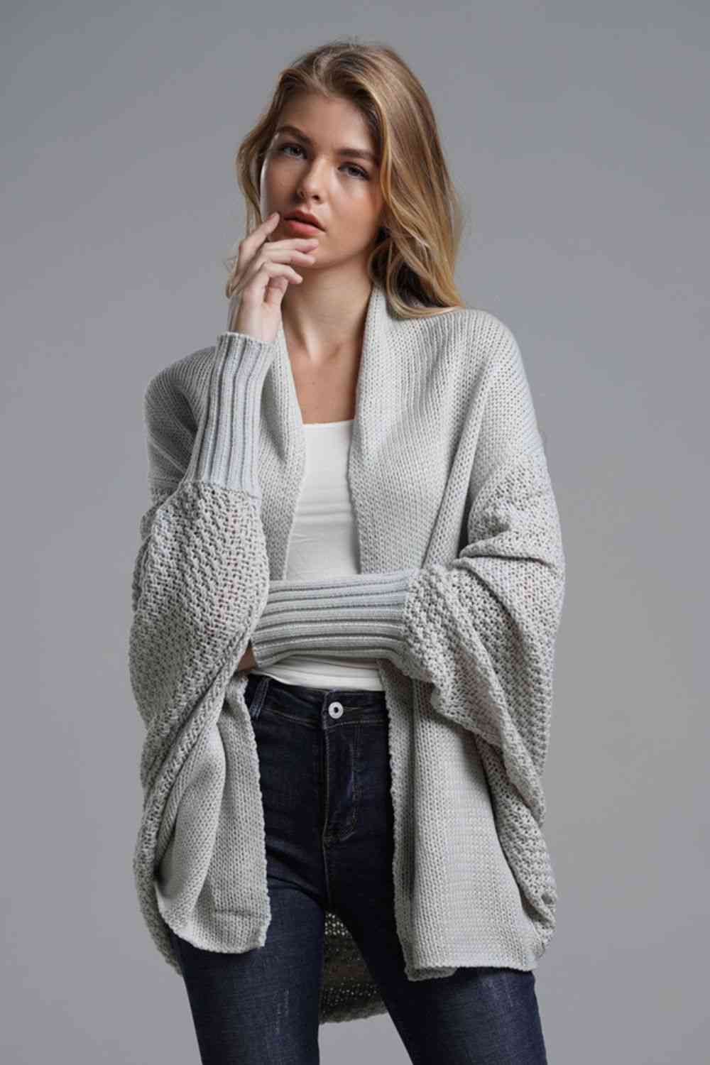 Double Take Dolman Sleeve Open Front Ribbed Trim Longline Cardigan - Do Shop It™