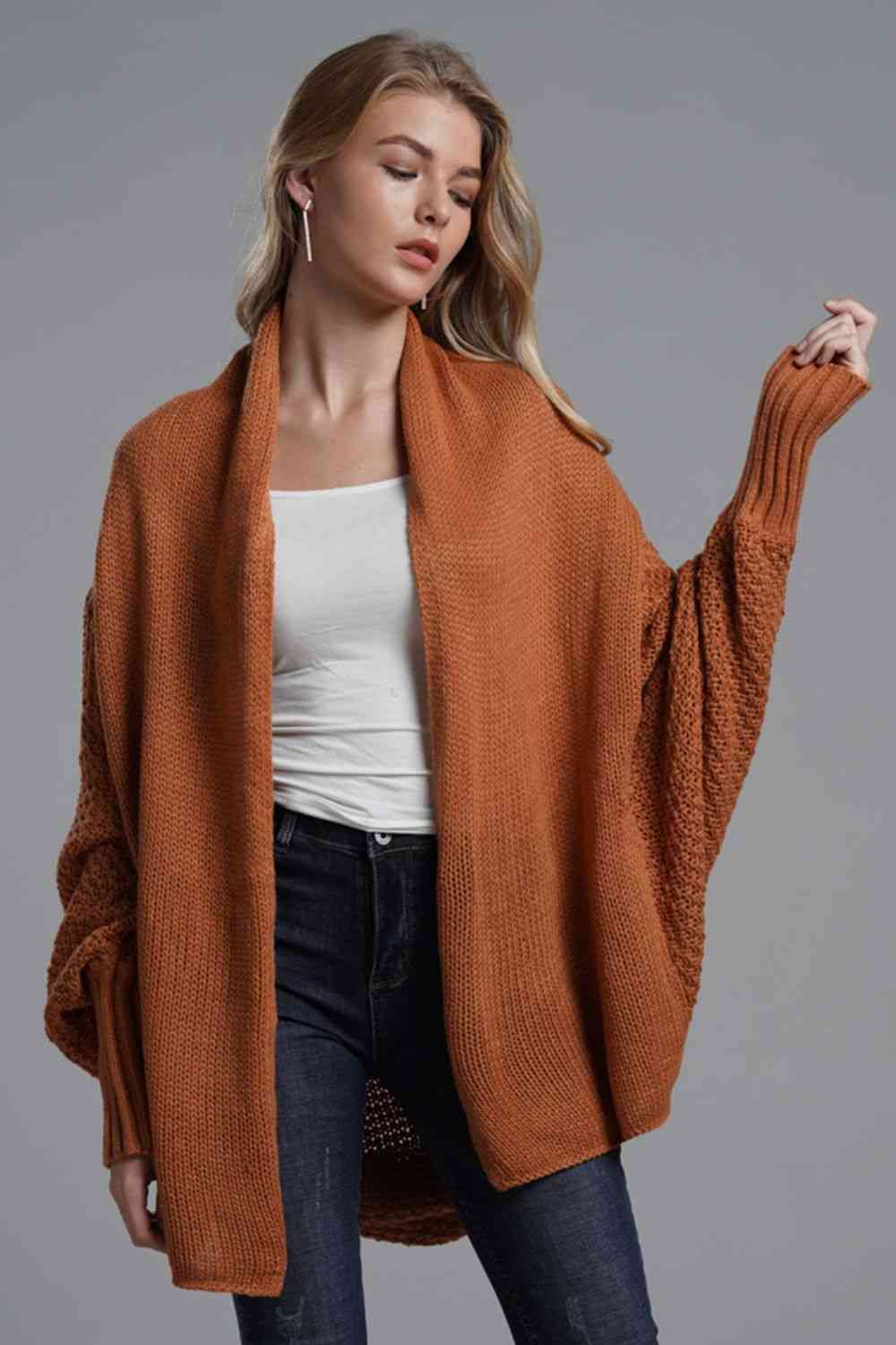 Double Take Dolman Sleeve Open Front Ribbed Trim Longline Cardigan - Do Shop It™