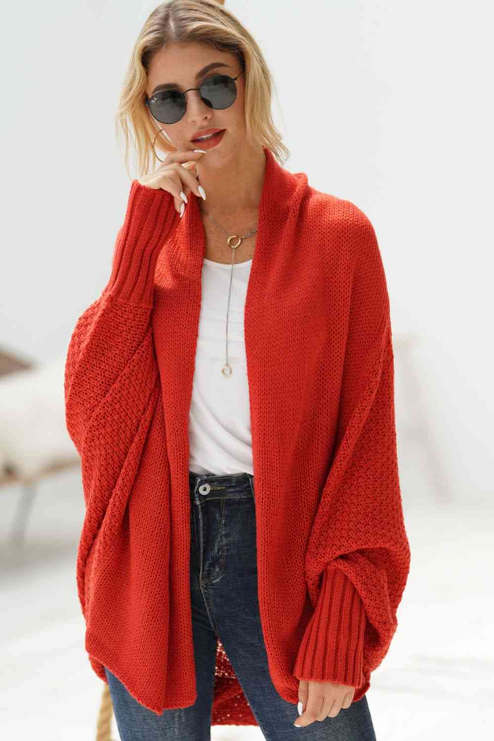 Double Take Dolman Sleeve Open Front Ribbed Trim Longline Cardigan - Do Shop It™