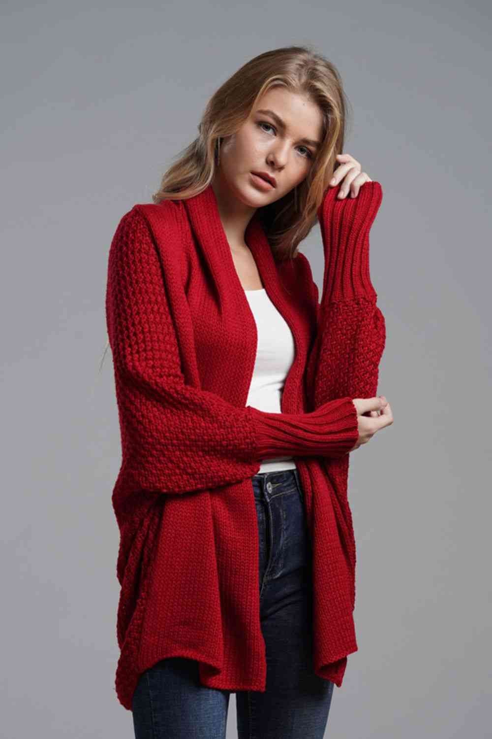 Double Take Dolman Sleeve Open Front Ribbed Trim Longline Cardigan - Do Shop It™