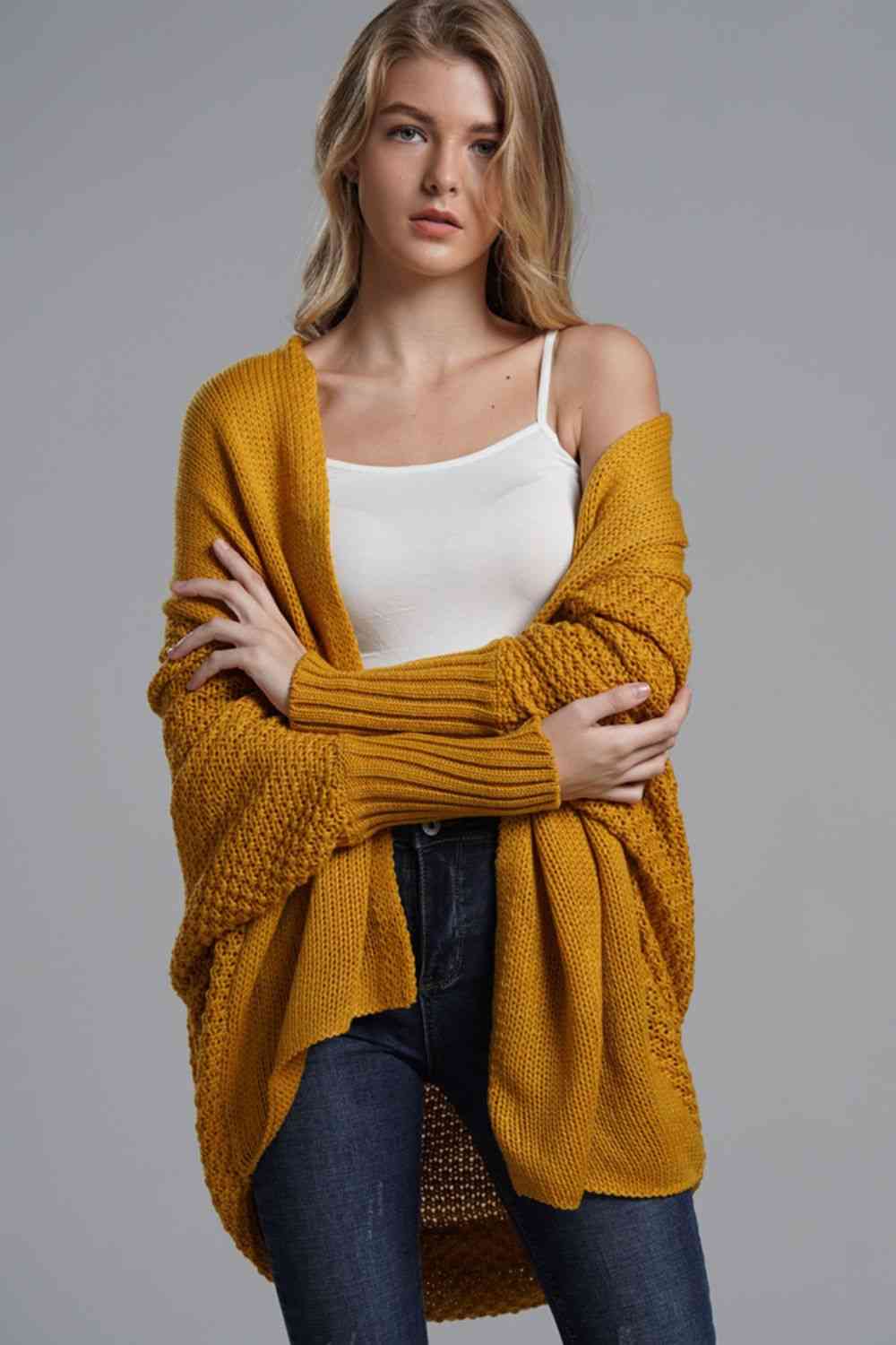 Double Take Dolman Sleeve Open Front Ribbed Trim Longline Cardigan - Do Shop It™