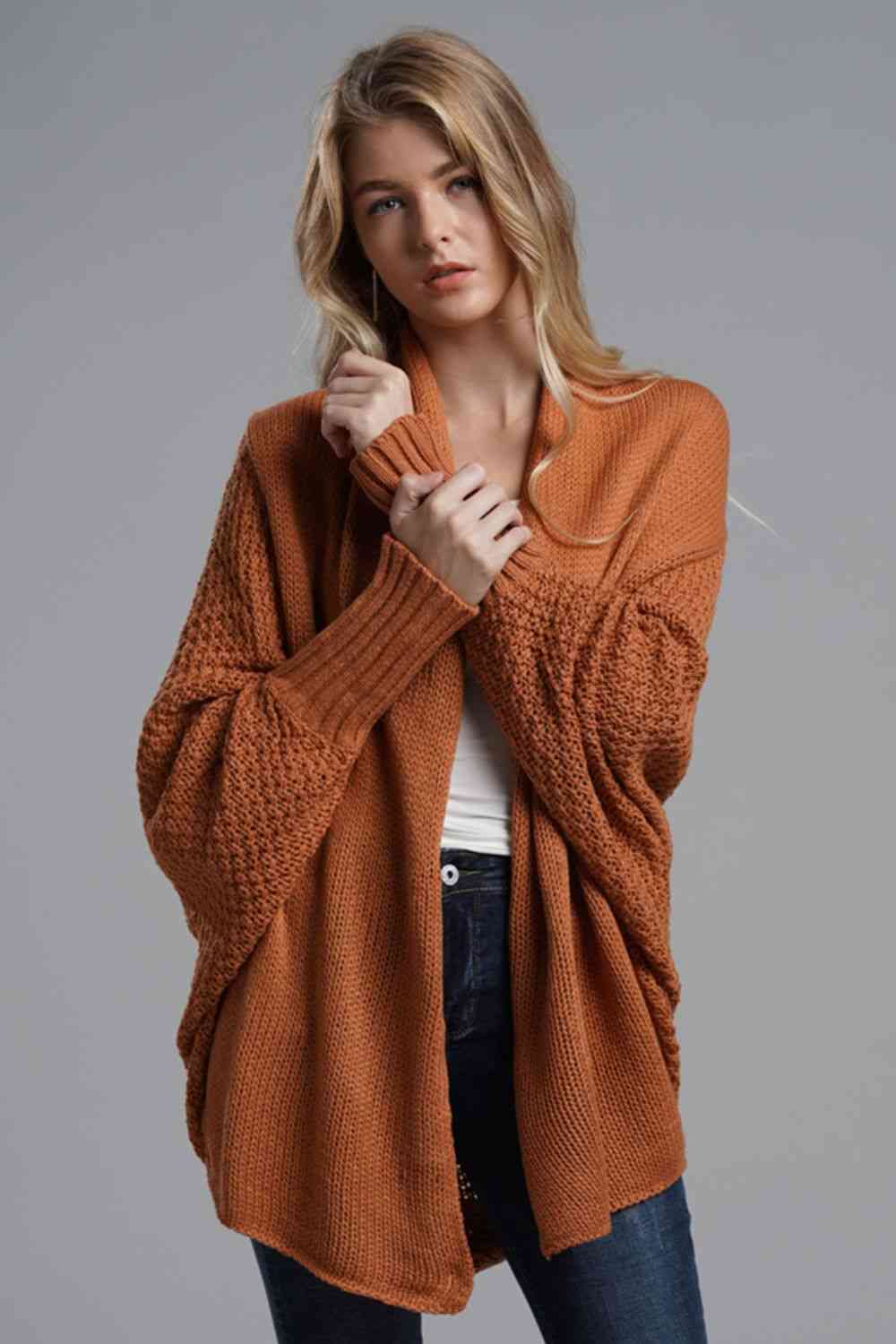 Double Take Dolman Sleeve Open Front Ribbed Trim Longline Cardigan - Do Shop It™