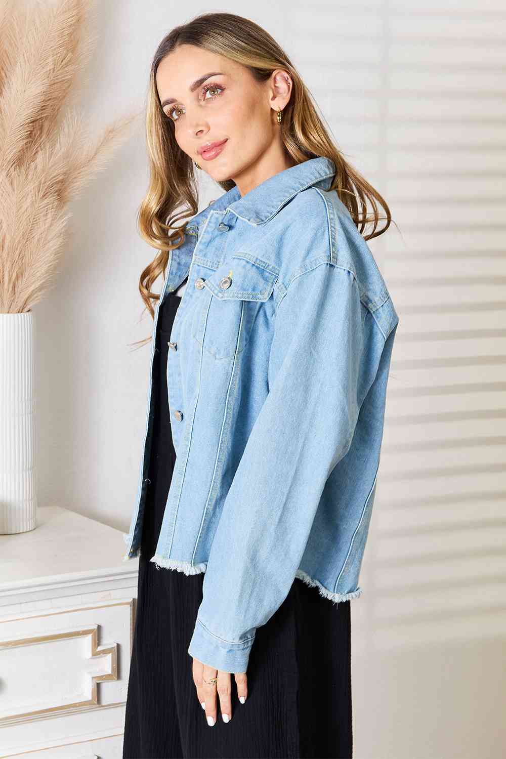 Double Take Dropped Shoulder Raw Hem Denim Jacket - Do Shop It™