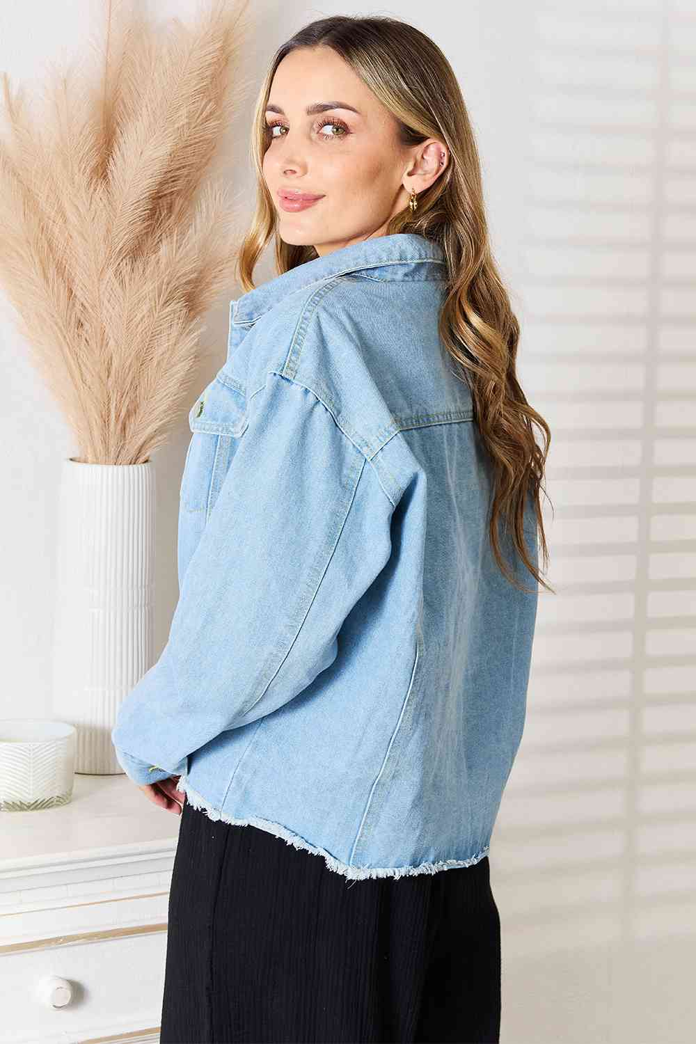 Double Take Dropped Shoulder Raw Hem Denim Jacket - Do Shop It™