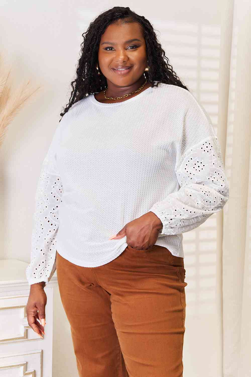 Double Take Eyelet Dropped Shoulder Round Neck Blouse - Do Shop It™