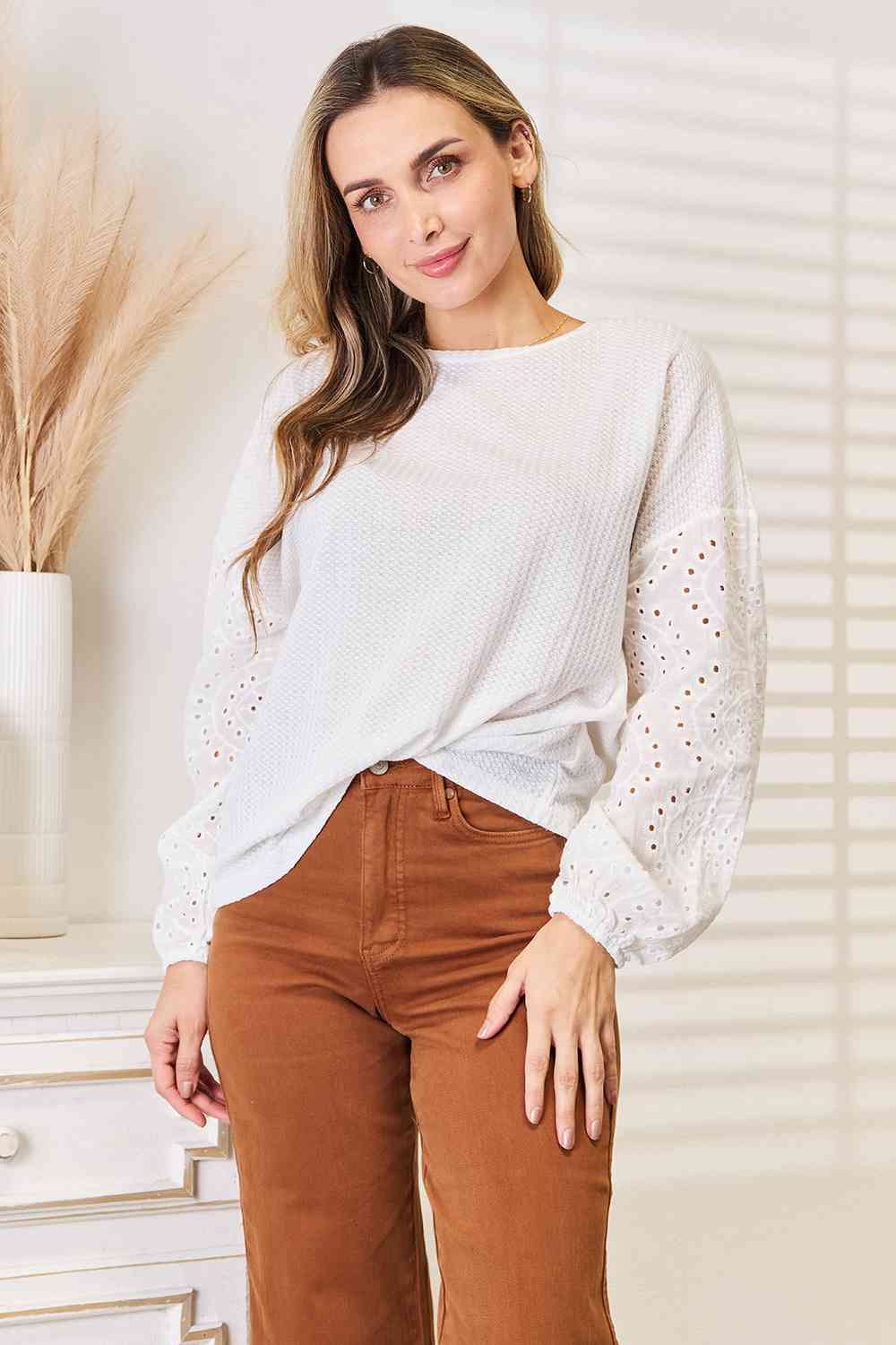 Double Take Eyelet Dropped Shoulder Round Neck Blouse - Do Shop It™