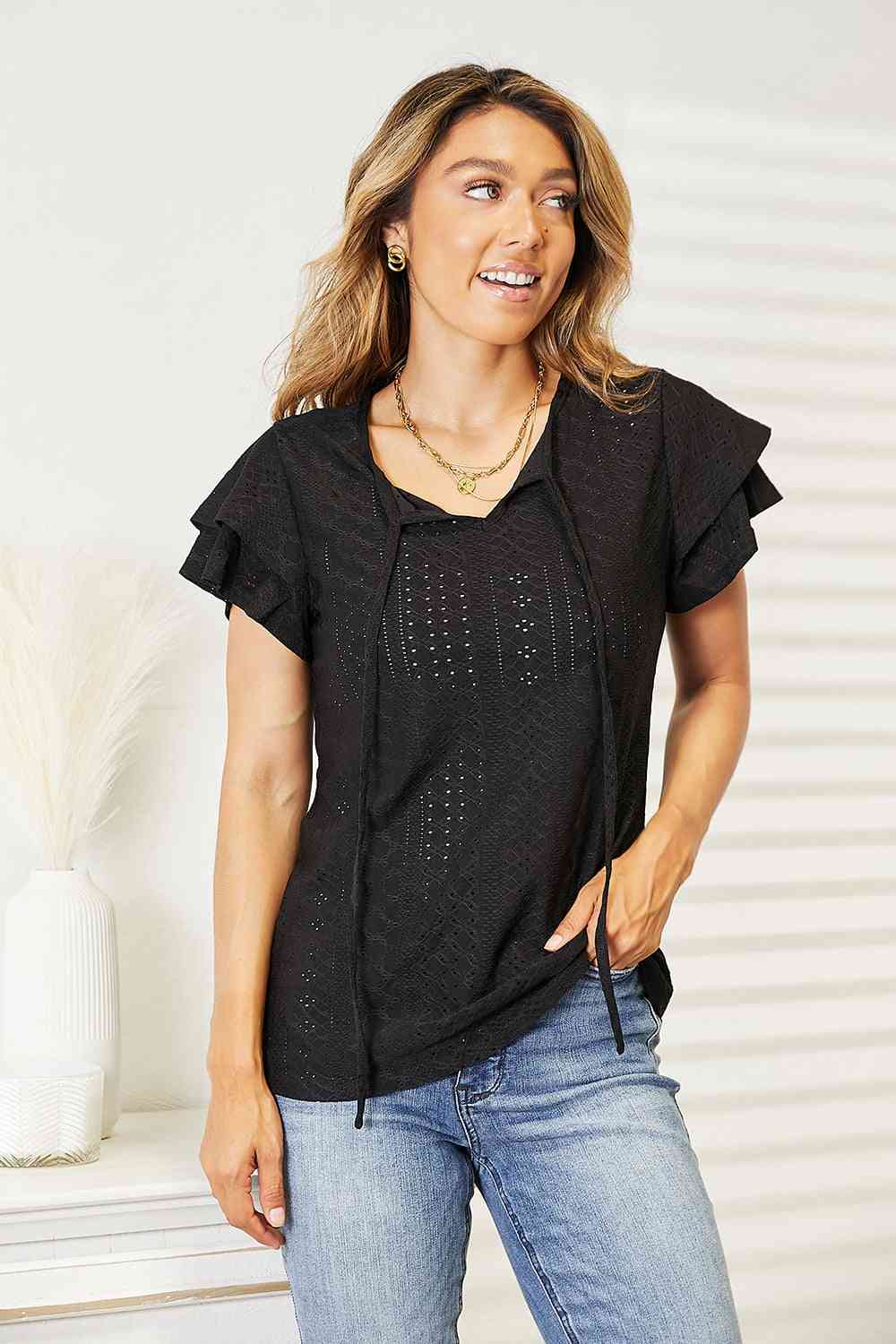 Double Take Eyelet Tie - Neck Flutter Sleeve Blouse - Do Shop It™