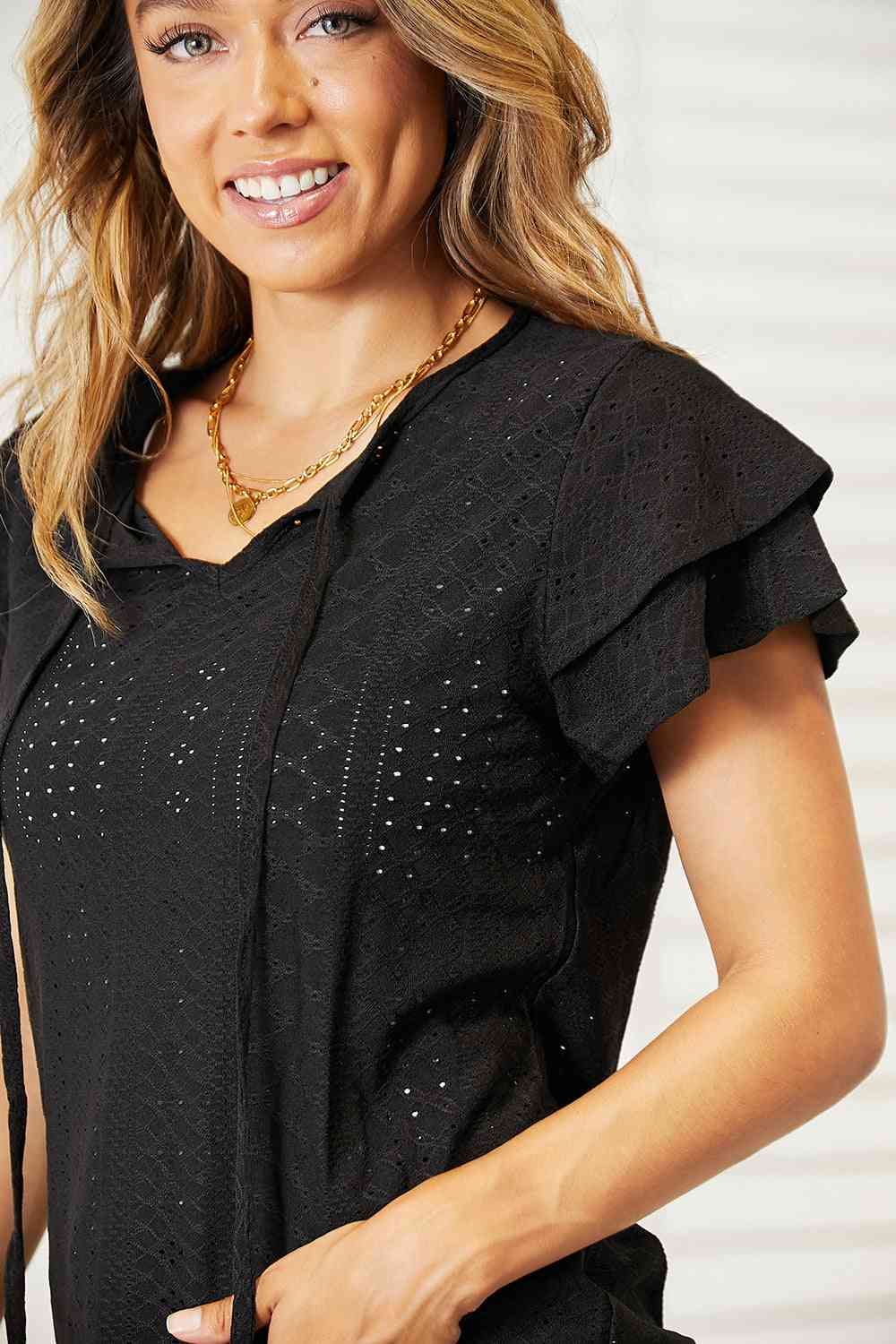 Double Take Eyelet Tie - Neck Flutter Sleeve Blouse - Do Shop It™