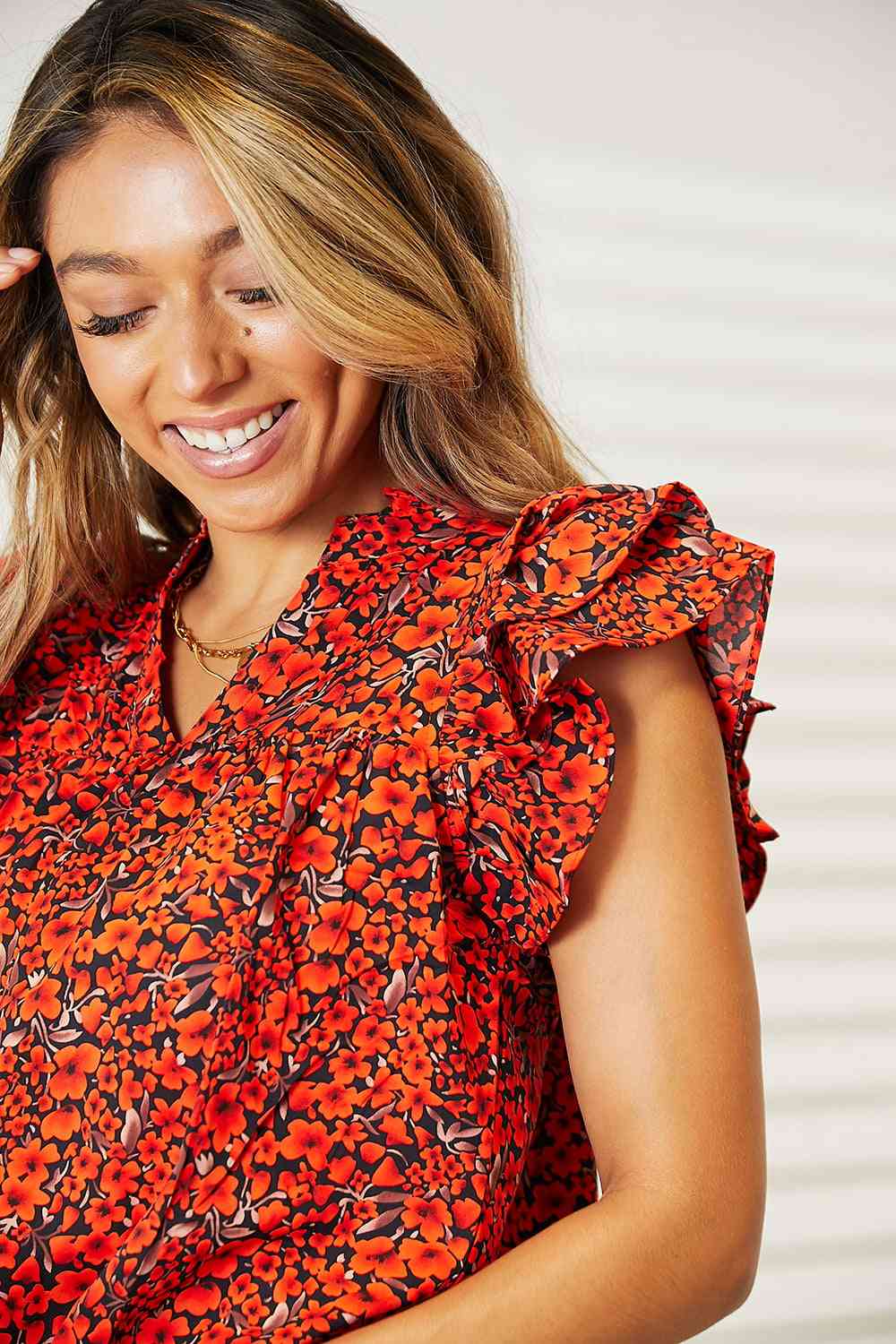 Double Take Floral Flutter Sleeve Notched Neck Blouse - Do Shop It™