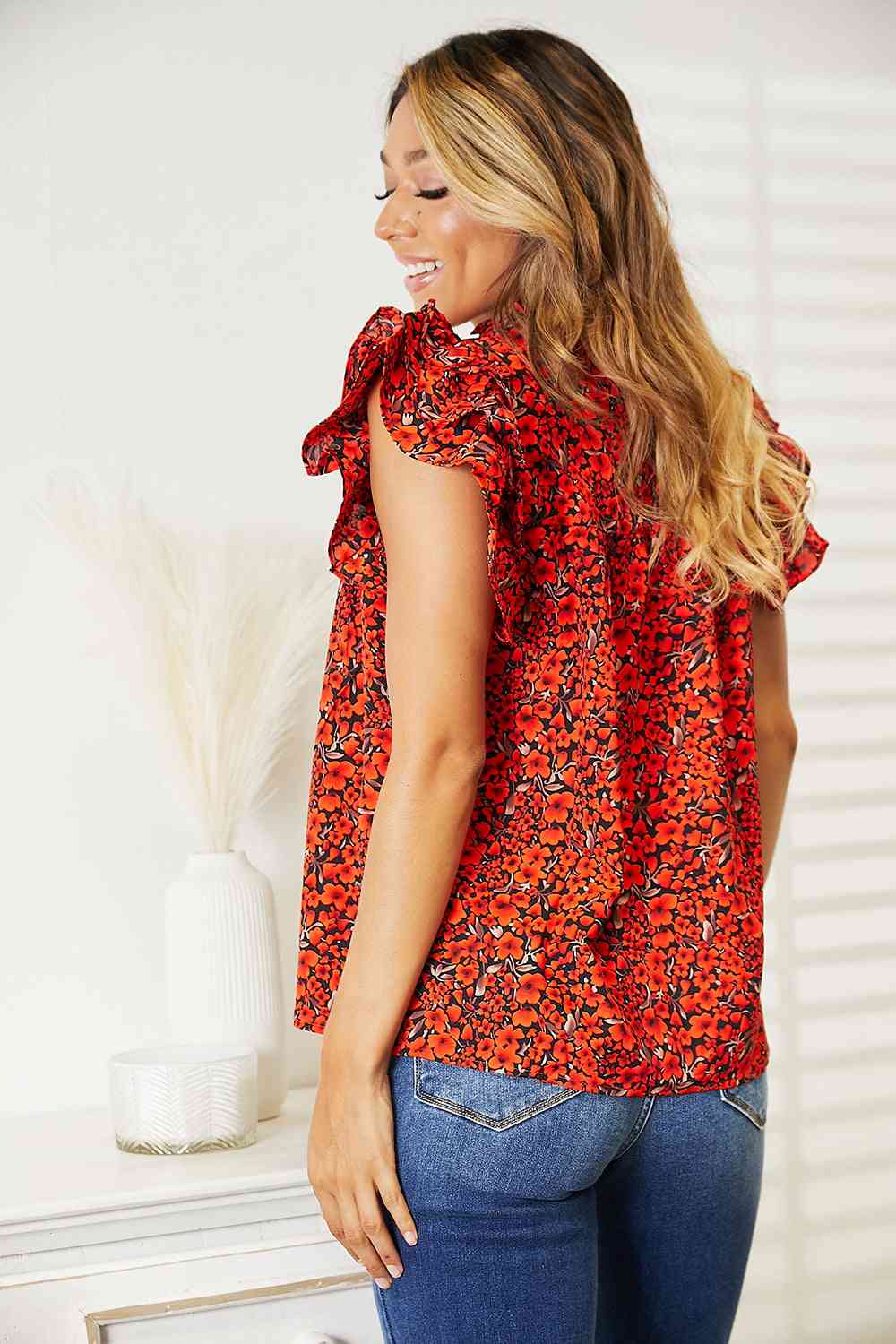 Double Take Floral Flutter Sleeve Notched Neck Blouse - Do Shop It™