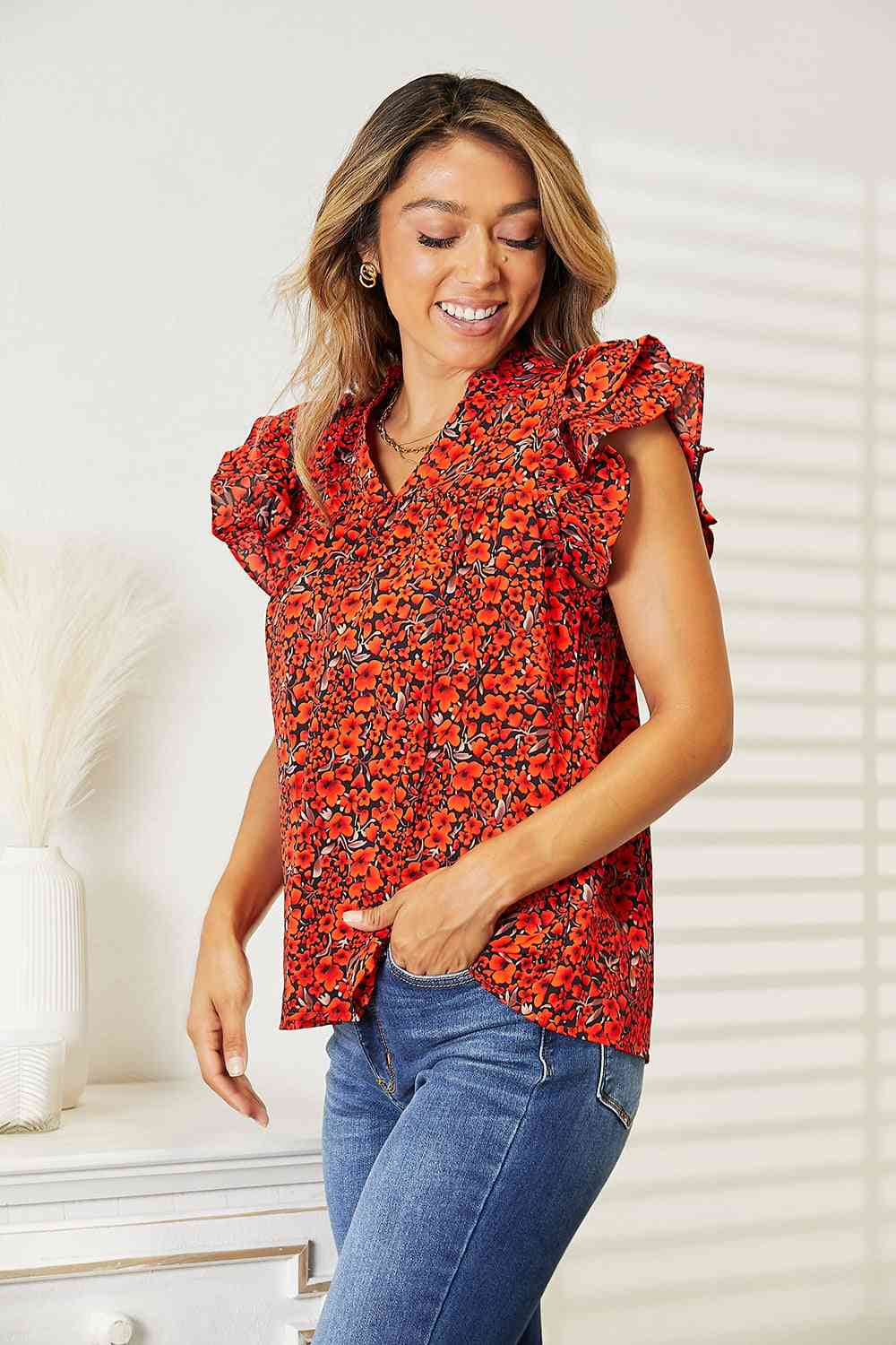 Double Take Floral Flutter Sleeve Notched Neck Blouse - Do Shop It™