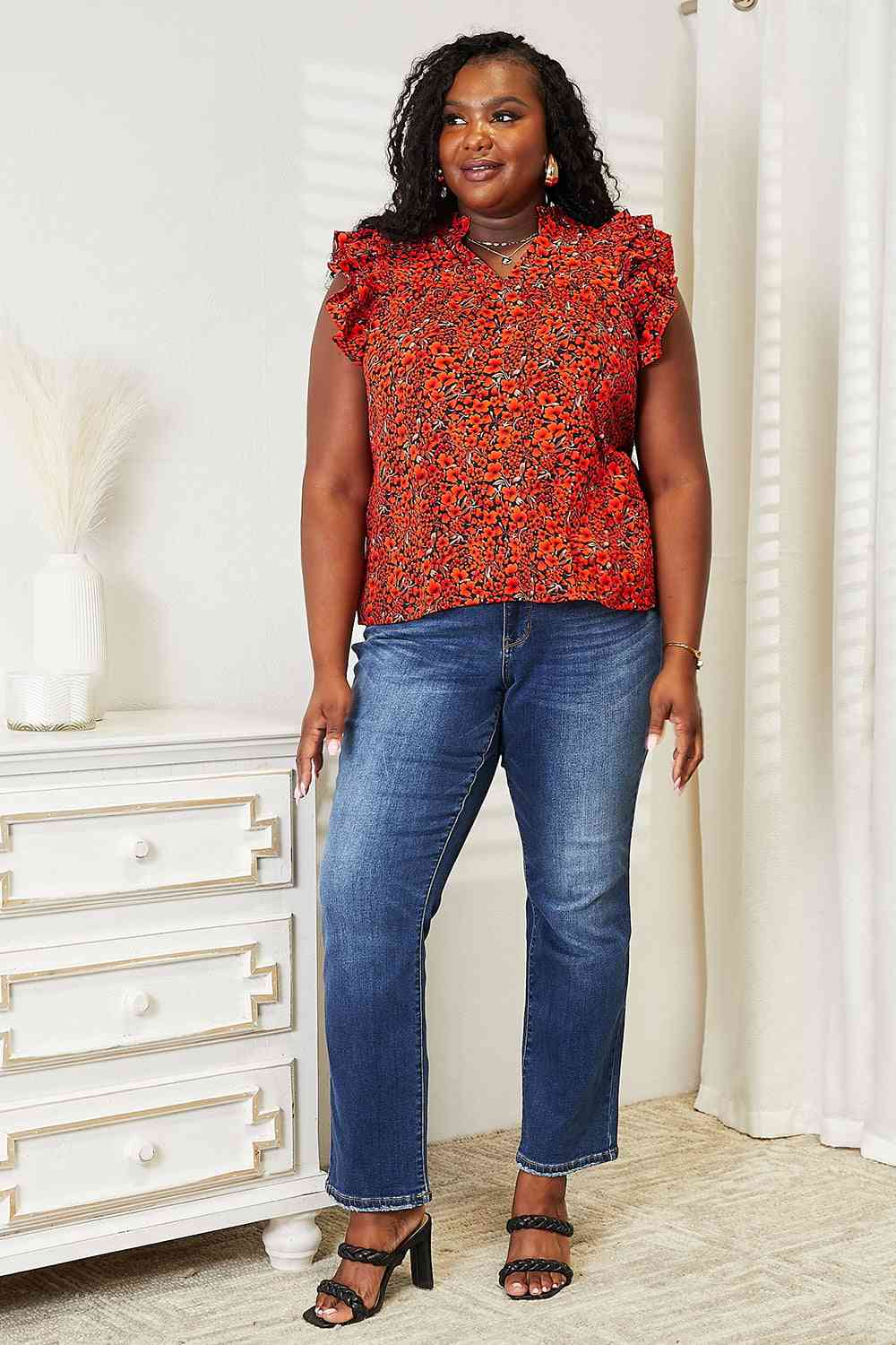 Double Take Floral Flutter Sleeve Notched Neck Blouse - Do Shop It™