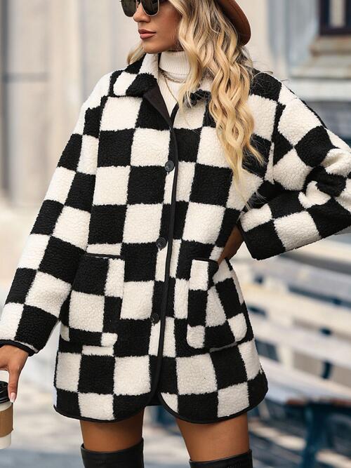 Double Take Full Size Checkered Button Front Coat with Pockets - Do Shop It™