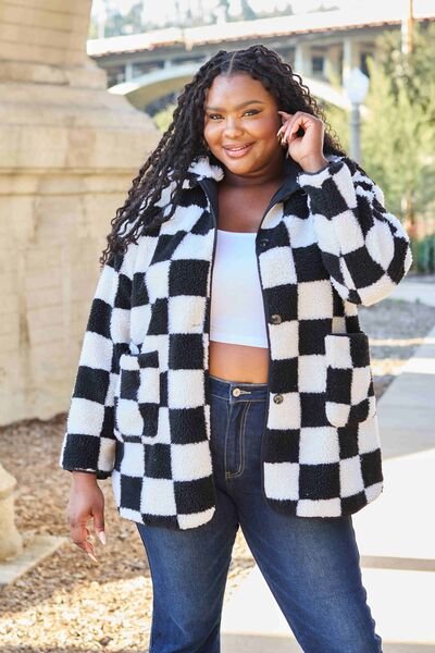 Double Take Full Size Checkered Button Front Coat with Pockets - Do Shop It™