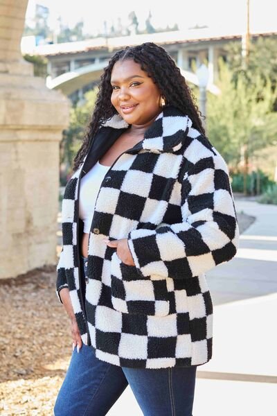 Double Take Full Size Checkered Button Front Coat with Pockets - Do Shop It™