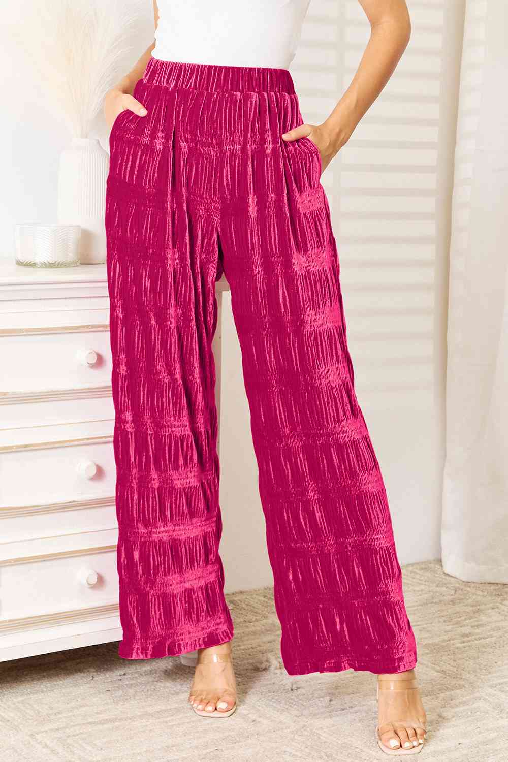 Double Take Full Size High Waist Tiered Shirring Velvet Wide Leg Pants - Do Shop It™