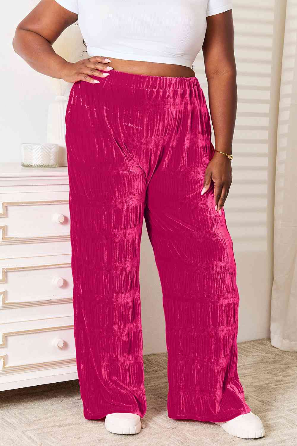 Double Take Full Size High Waist Tiered Shirring Velvet Wide Leg Pants - Do Shop It™