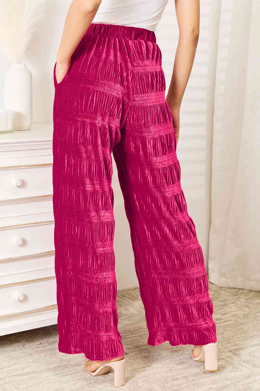 Double Take Full Size High Waist Tiered Shirring Velvet Wide Leg Pants - Do Shop It™