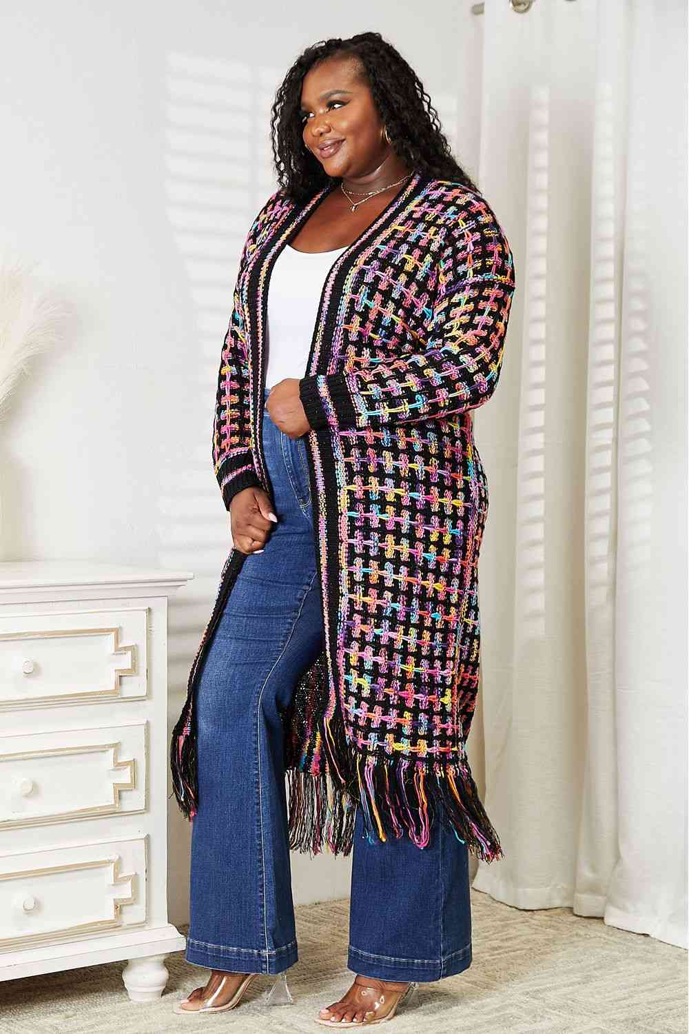 Double Take Full Size Multicolored Open Front Fringe Hem Cardigan - Do Shop It™