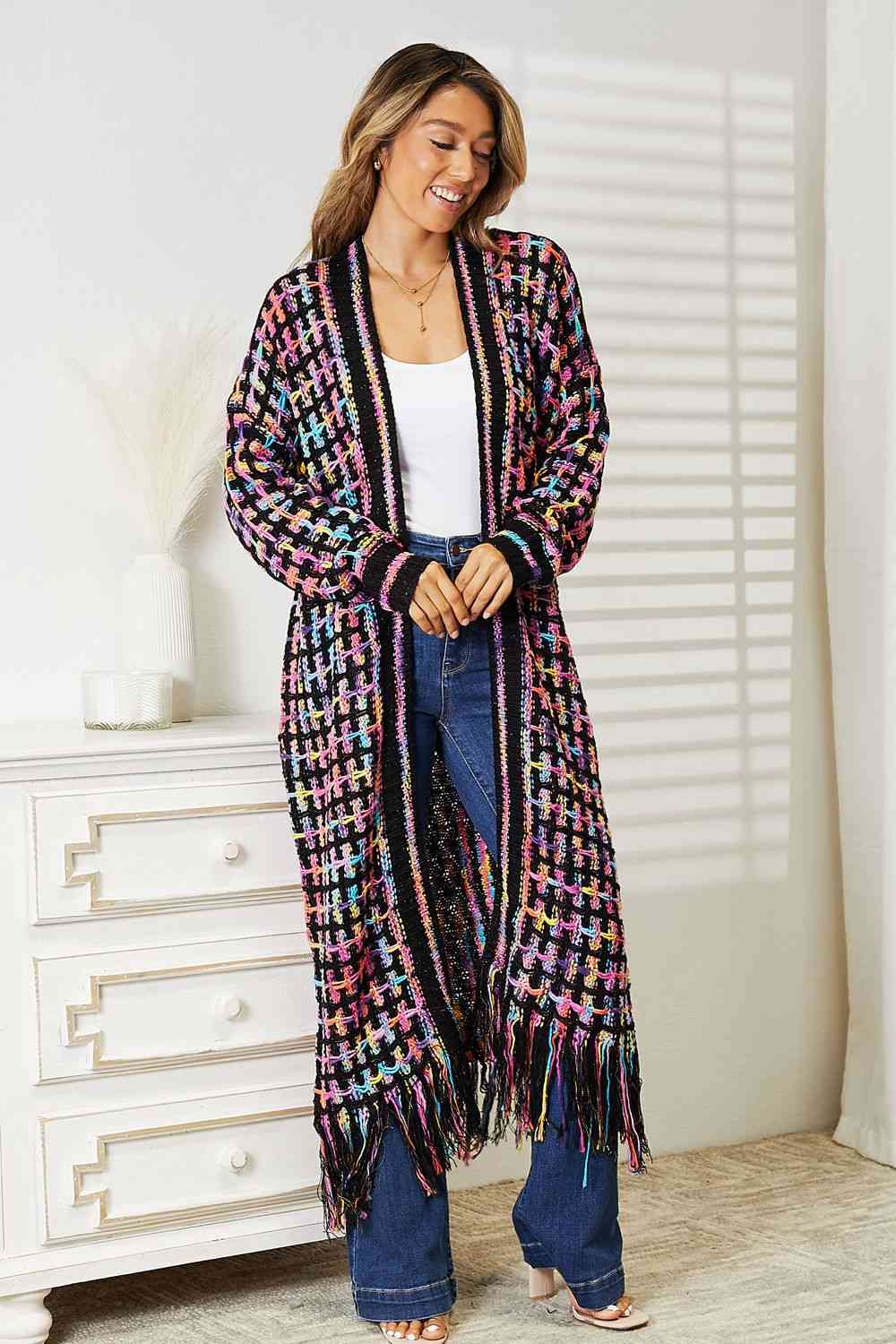 Double Take Full Size Multicolored Open Front Fringe Hem Cardigan - Do Shop It™