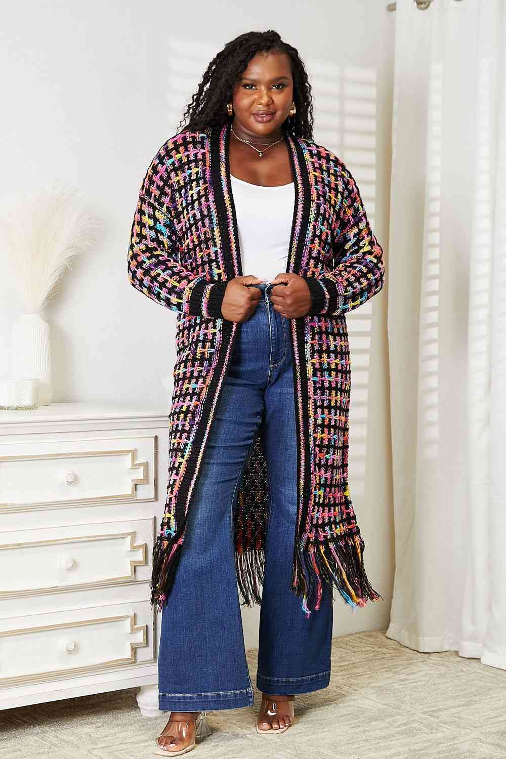 Double Take Full Size Multicolored Open Front Fringe Hem Cardigan - Do Shop It™