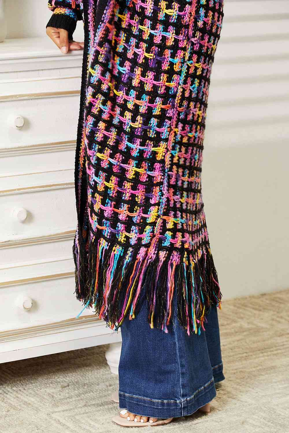 Double Take Full Size Multicolored Open Front Fringe Hem Cardigan - Do Shop It™