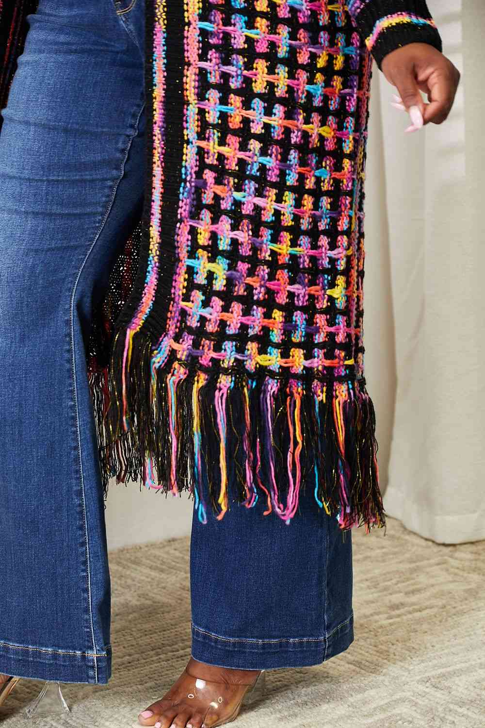 Double Take Full Size Multicolored Open Front Fringe Hem Cardigan - Do Shop It™