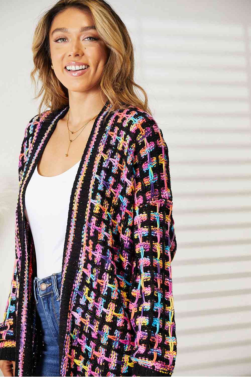 Double Take Full Size Multicolored Open Front Fringe Hem Cardigan - Do Shop It™